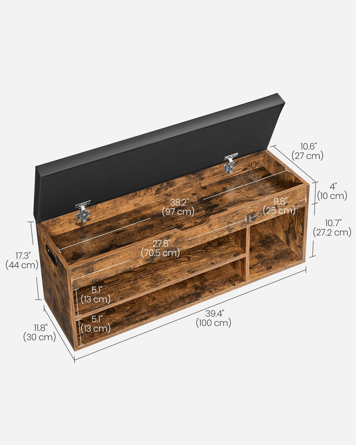 Cushioned Shoe Storage Bench, 39.4 Inch, Rustic Brown and Black