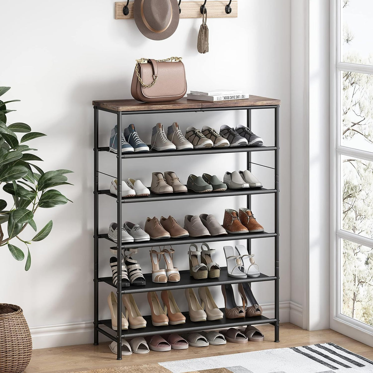6 Tier Metal Shoe Rack with Wood Top, Black and Rustic Brown