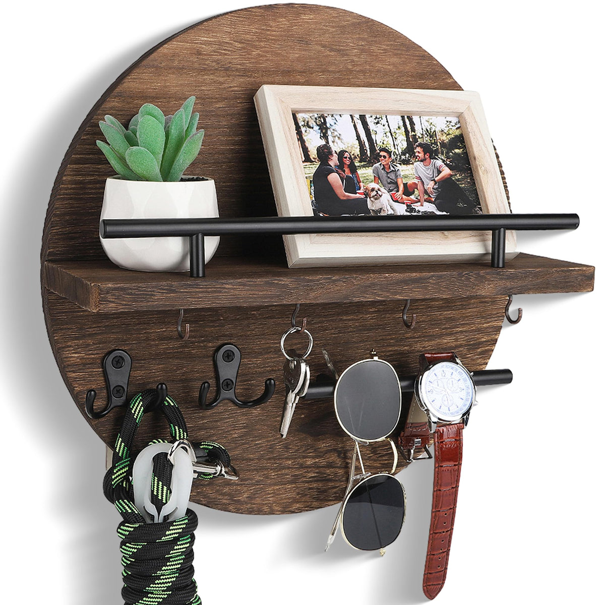 Brown Wall Key Holder with Mail Shelf and Hooks, Paulownia Wood