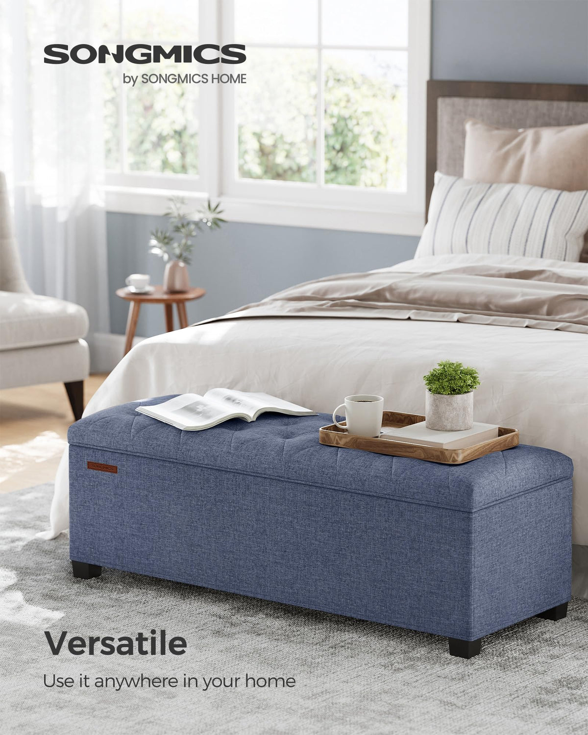 Light Denim Blue Storage Ottoman, 43.3 Inch, Tufted with Legs