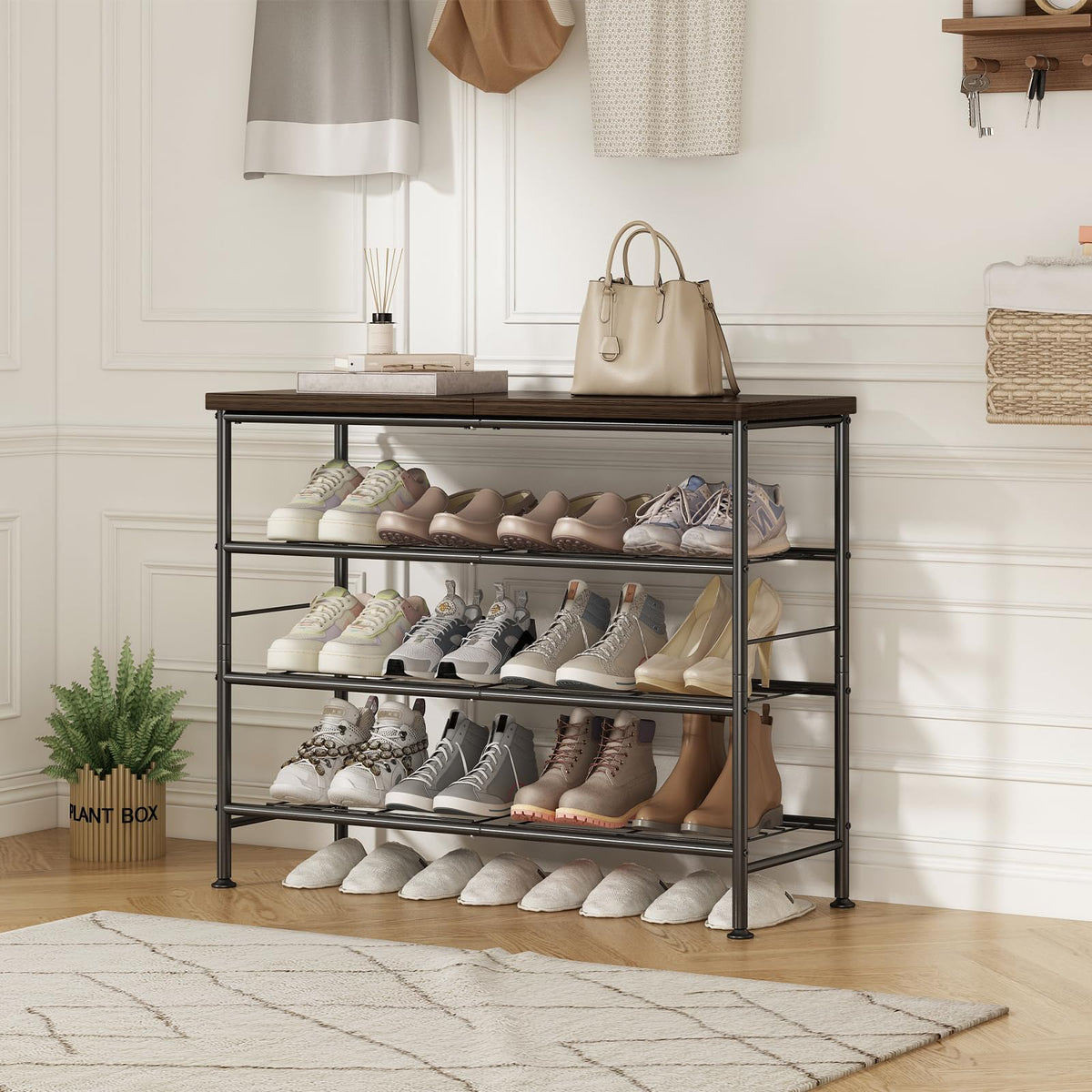 4 Tier Industrial Shoe Rack, 31.5 Inch, Black and Rustic Brown