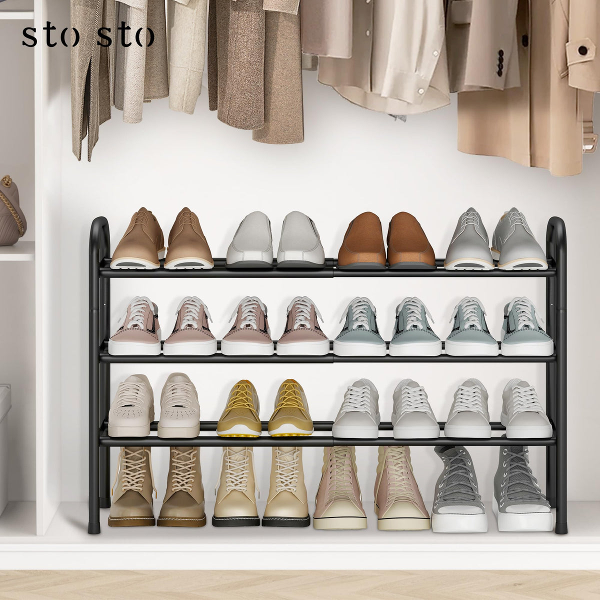 3-Tier Expandable Shoe Rack for 16 Pairs, Closet & Entryway Organizer, Black