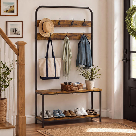 Narrow Hall Tree with Bench and Shoe Shelf, 31.3 Inch, Rustic Brown