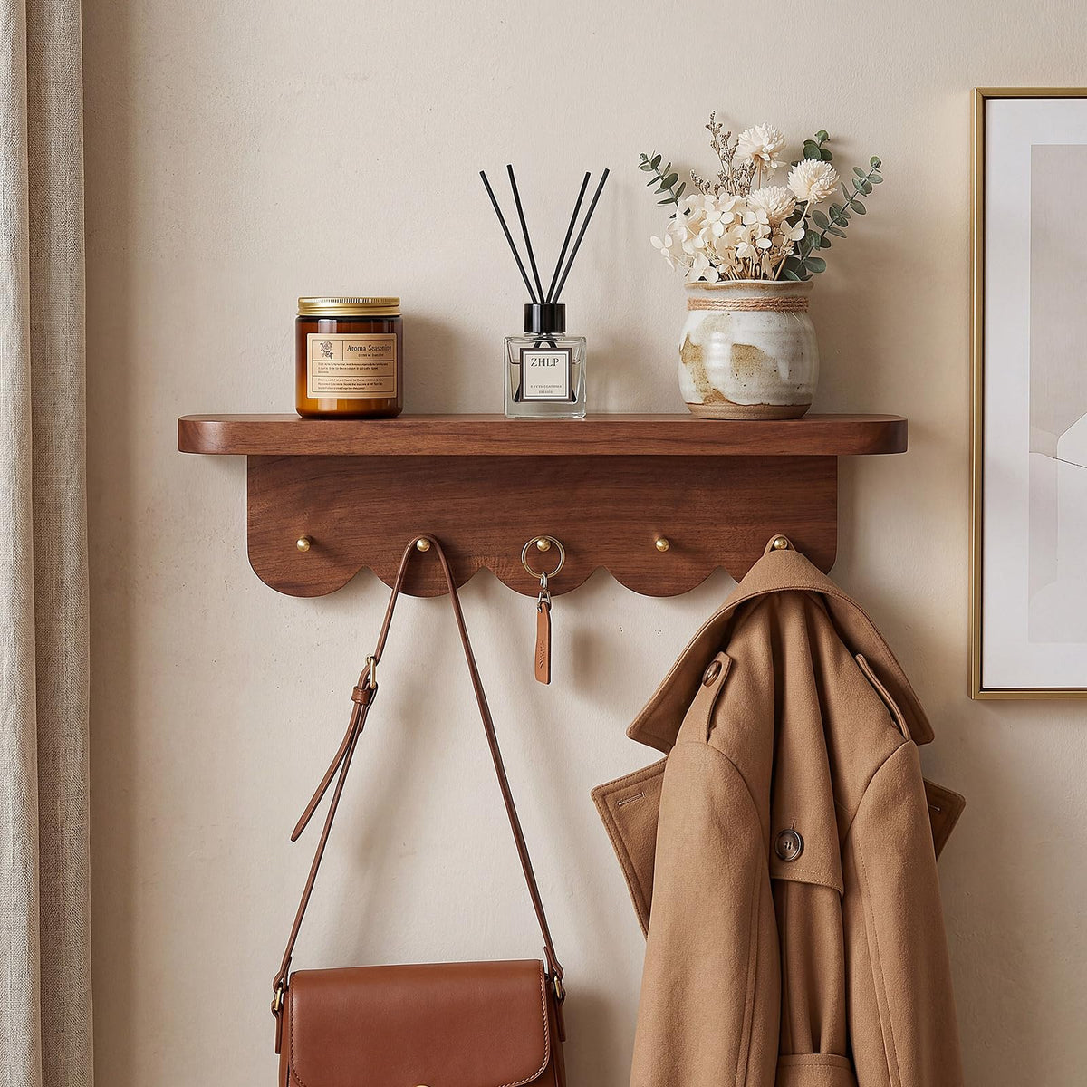 Scalloped Wall Shelf with 5 Brass Hooks, 16.5 Inch, Walnut Wood