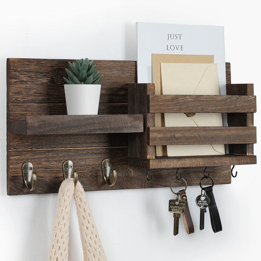 Wall Mail Organizer with Key Hooks and Shelf, Rustic Brown Paulownia Wood