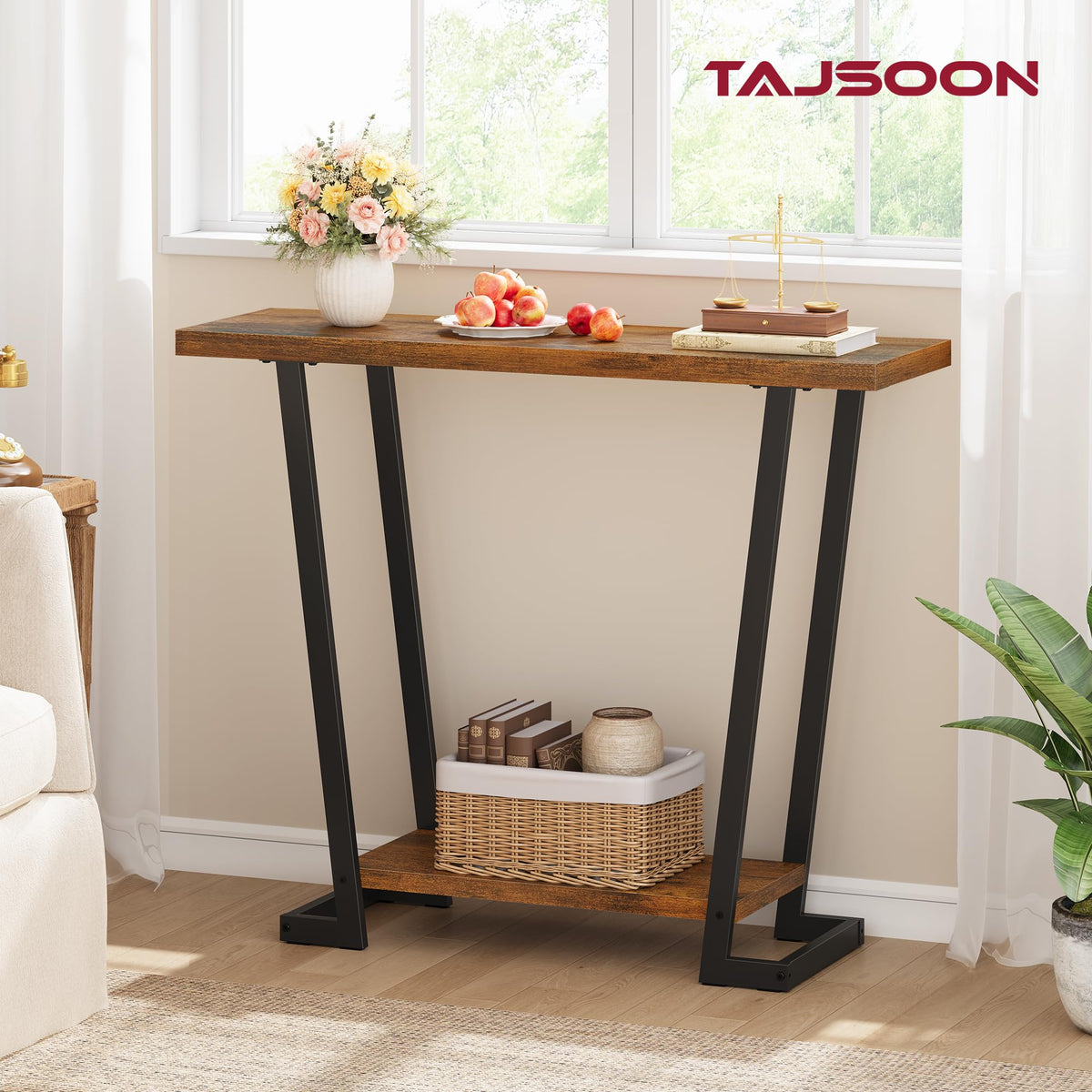 Rustic Brown Slim Entry Table, 2 Open Tiers, 31.5 Inch