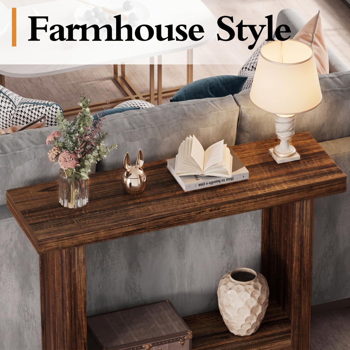 Farmhouse Narrow Console Table, 39.3 Inch, Rustic Brown