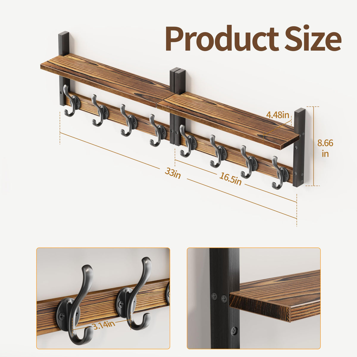 Rustic Brown Wall Hooks with Shelf, 33 Inch, 8 Coat Hooks