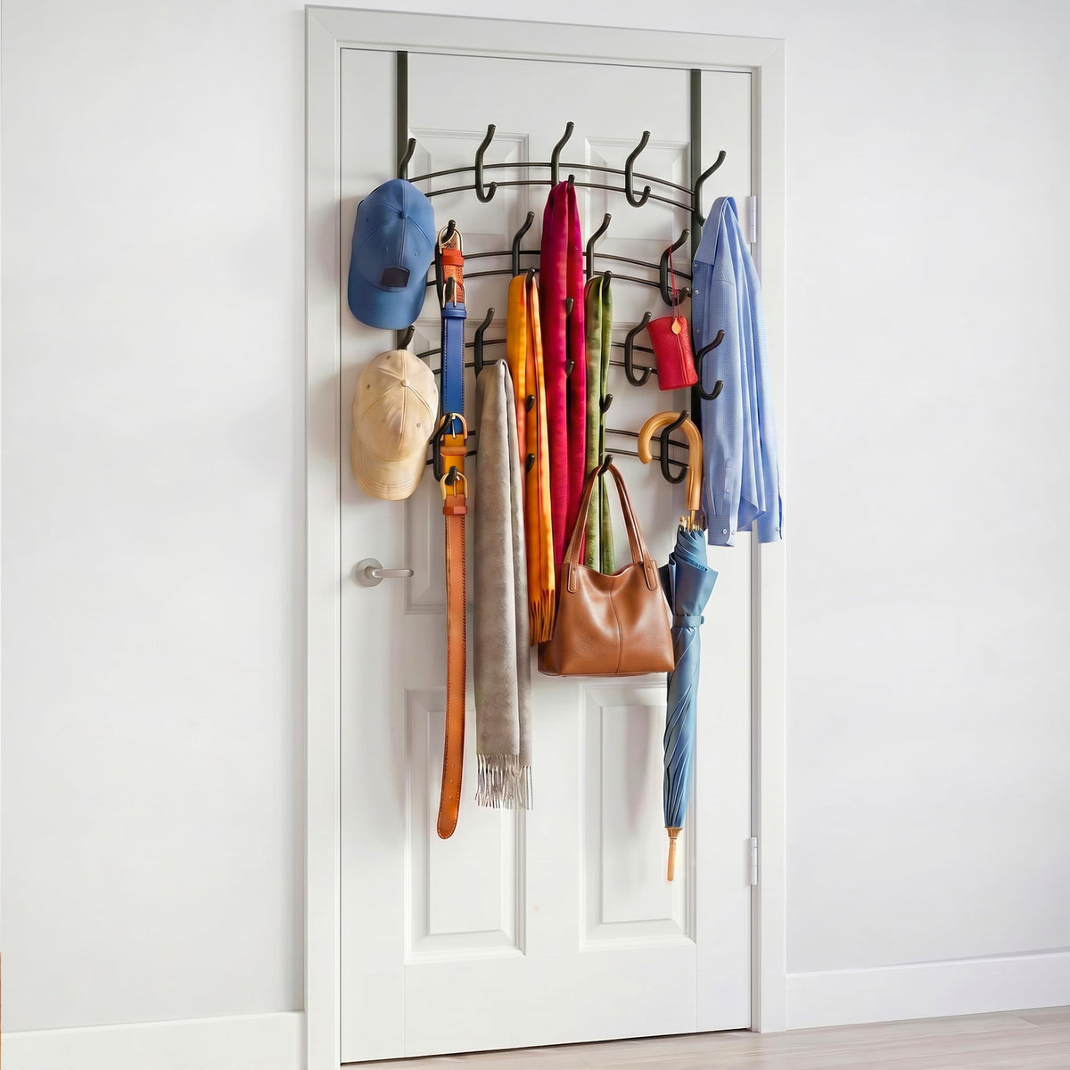 36 Hook Over the Door Hanger, 4 Tier Steel Rack, Piano Black