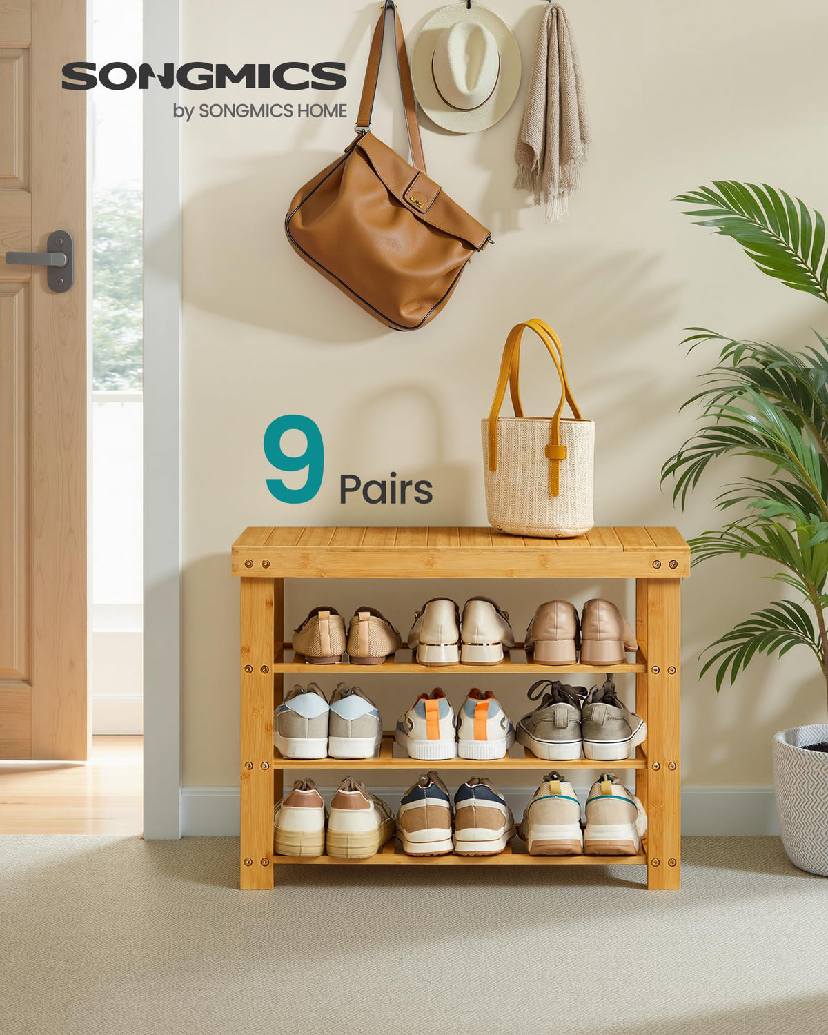 Bamboo Shoe Rack Bench, 4 Tier, Holds 9 Pairs, 27.6 Inch Wide