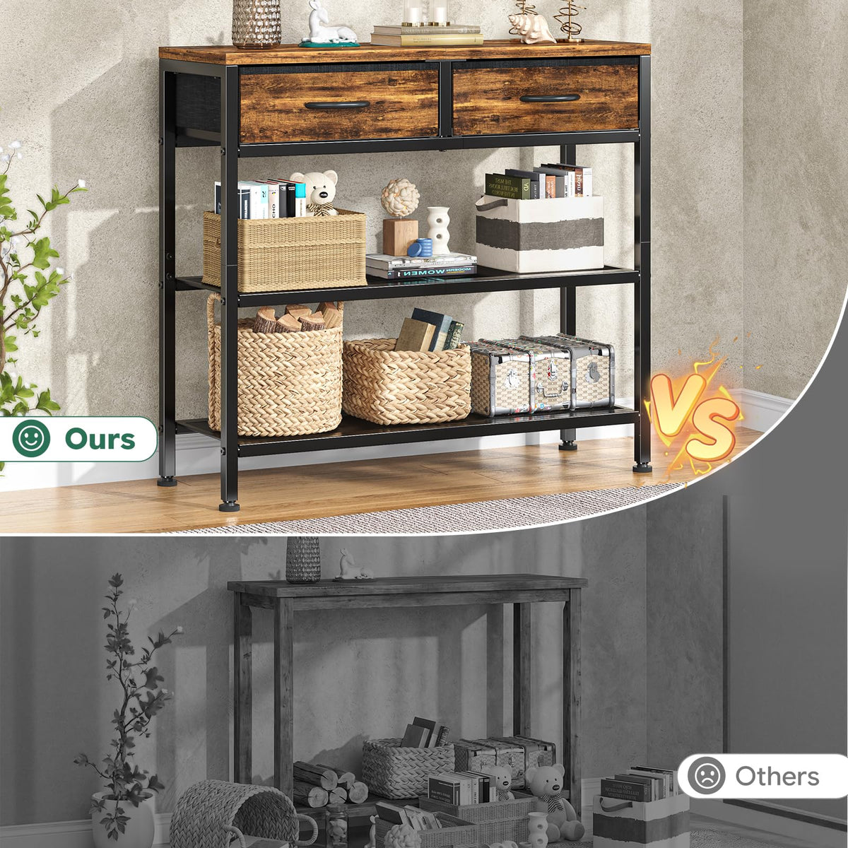 Narrow Console Table with 2 Fabric Drawers, 32 Inch, Rustic Brown