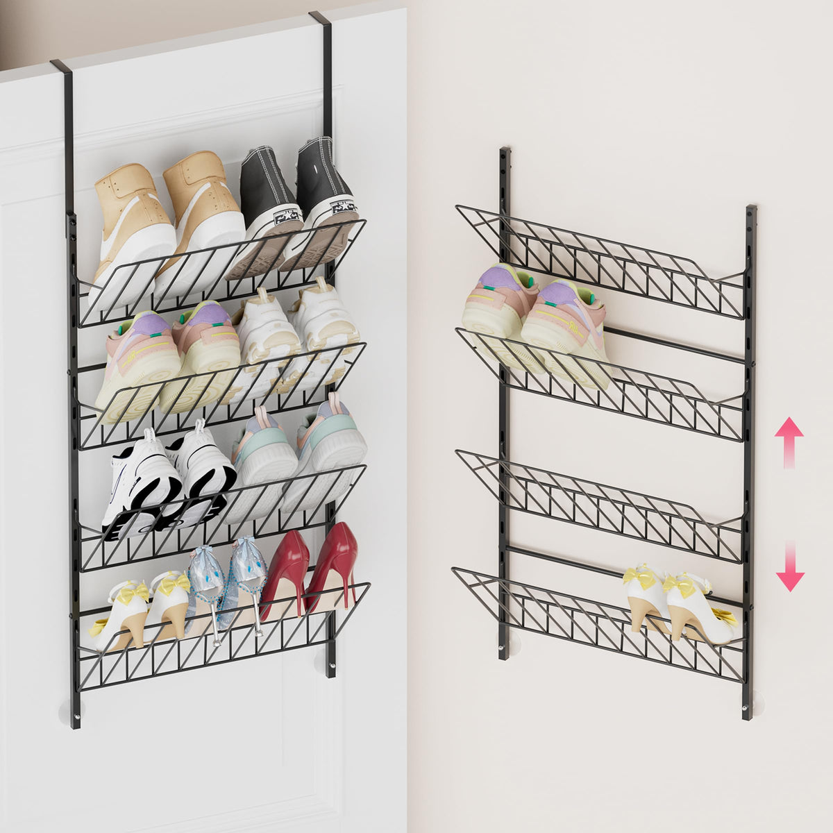 Adjustable Over the Door Shoe Rack, 4 Tier Black Metal Organizer