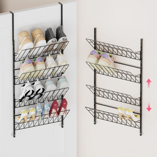 Adjustable Over the Door Shoe Rack, 4 Tier Black Metal Organizer