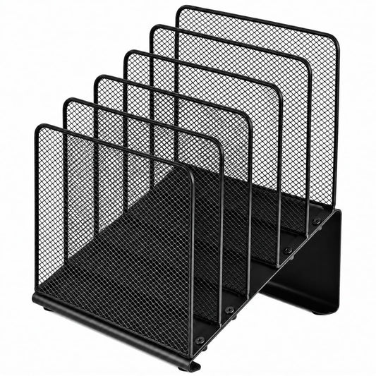 5 Section Desk File Organizer, Black Metal Vertical Folder Rack