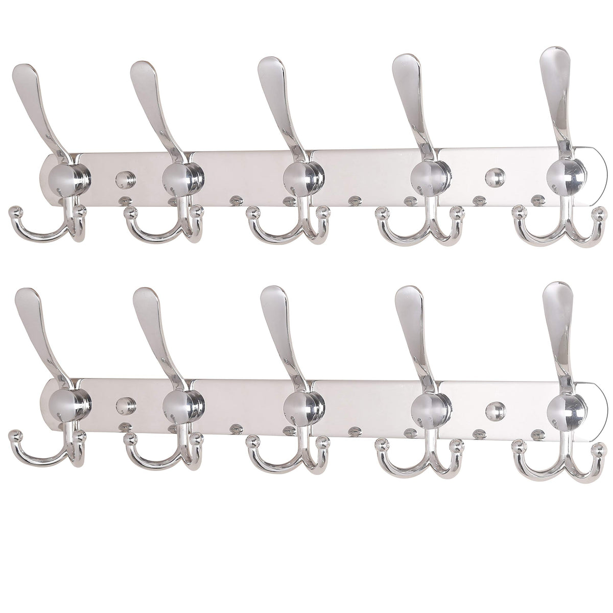 Chrome Wall Coat Hook Rail, 5 Tri Hooks, 16 Inch, Pack of 2