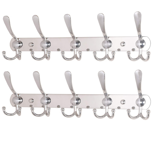 Chrome Wall Coat Hook Rail, 5 Tri Hooks, 16 Inch, Pack of 2