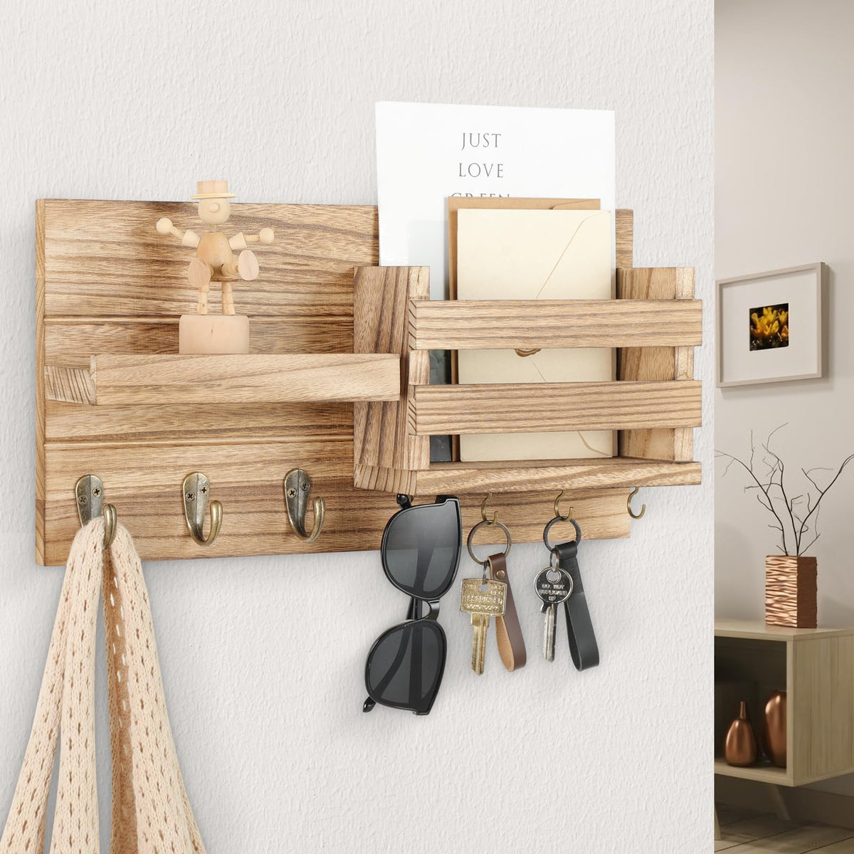Wood Mail Organizer and Key Holder with Shelf, 3 Coat Hooks, 4 Key Hooks