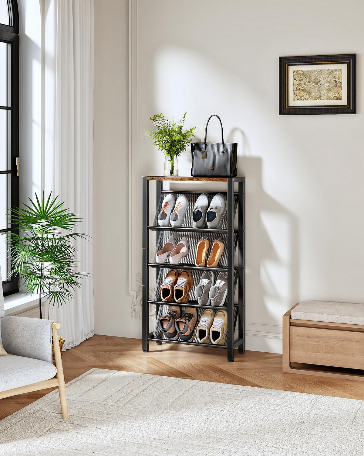 Slim Slanted Shoe Rack, 5 Tier with Wood Top, Rustic Brown and Black