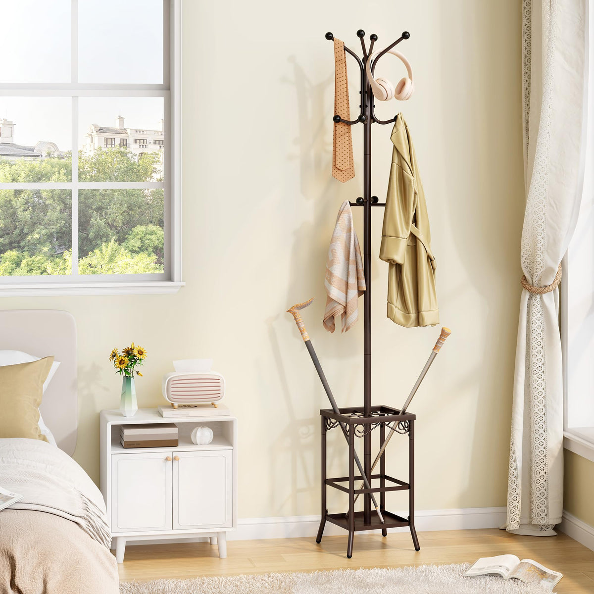 Metal Coat Tree with Umbrella Holder, 12 Hooks, Brown Finish