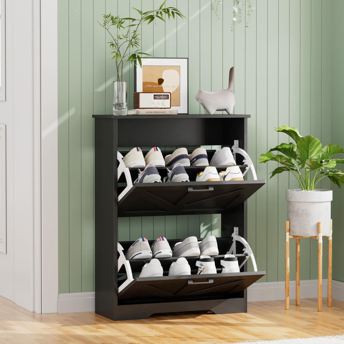 Black Barn Door Shoe Cabinet, 2 Flip Drawers, 9.5 Inch Deep