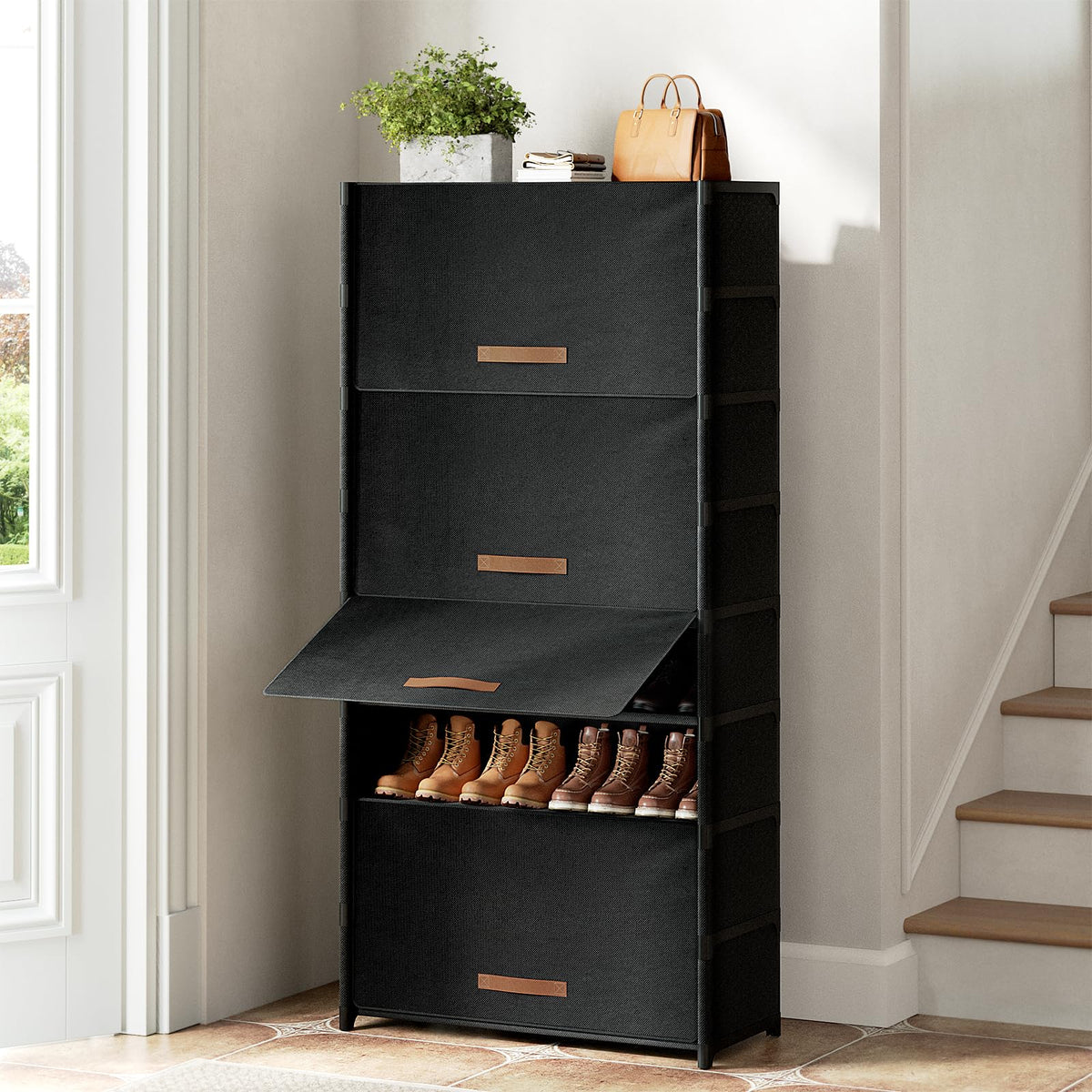 9 Tier Covered Shoe Cabinet, 36 Pair Storage, Black Fabric with Door