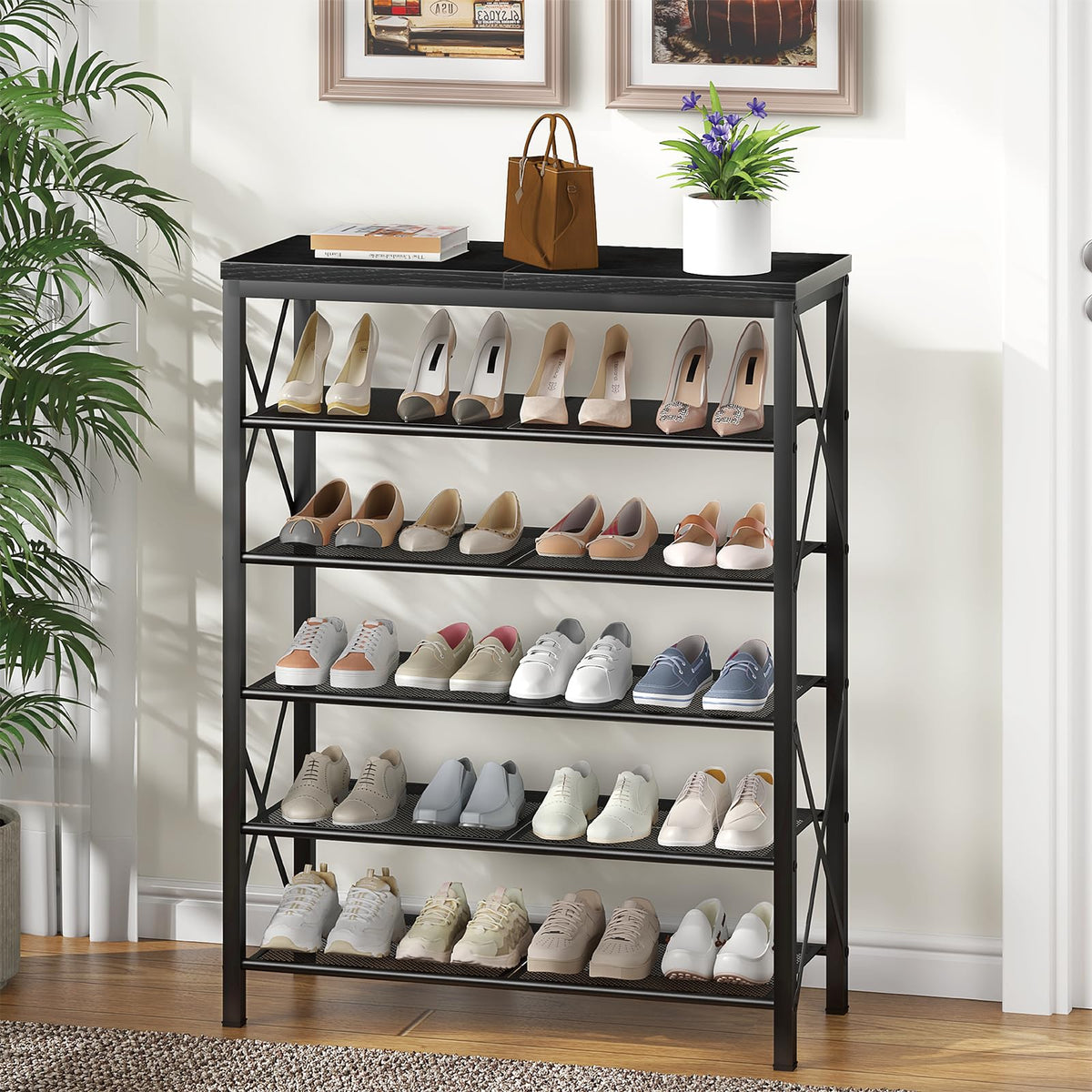 6-Tier Metal Shoe Organizer with Wood Top and Mesh Shelves, Black