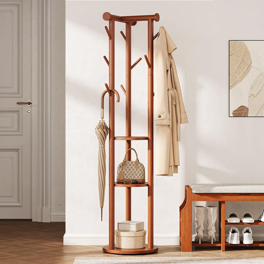 Rolling Pine Coat Rack with 9 Hooks, 3 Shelves and Top Bar, Walnut