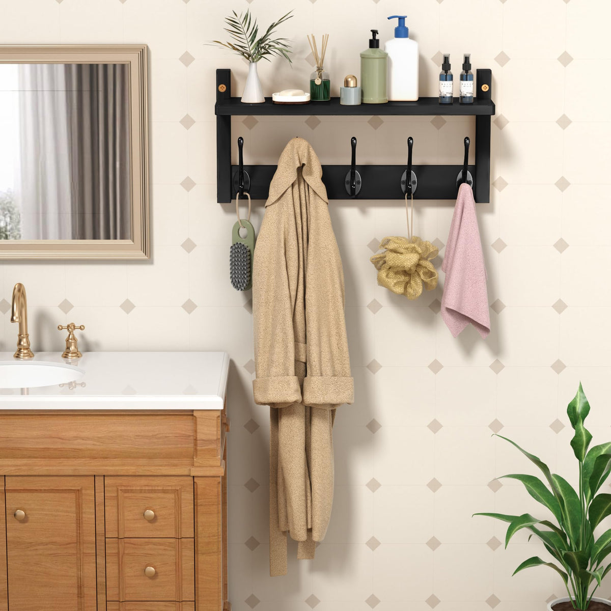 Black Bamboo Wall Shelf with 5 Hooks, 15.7 Inch