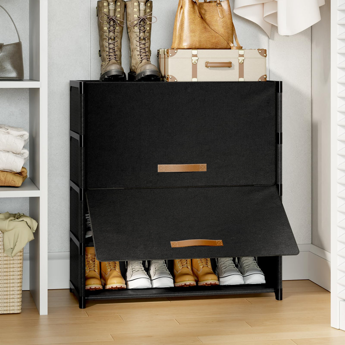 5 Tier Fabric Shoe Cabinet with Cover, Holds 20 Pairs, Black