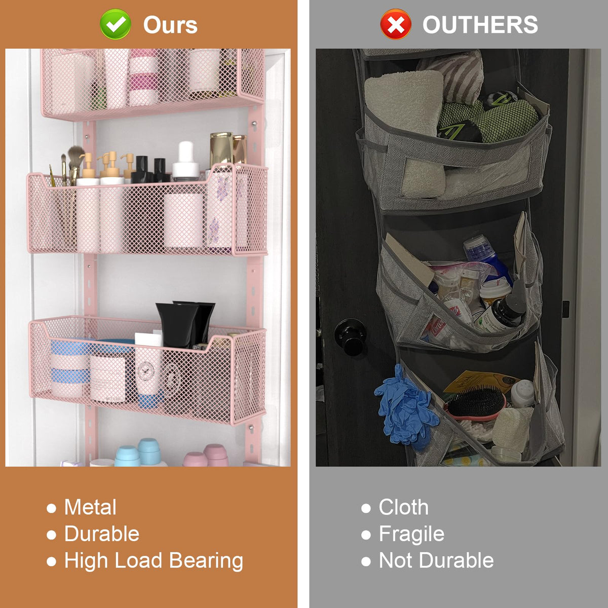 Pink Over the Door Organizer, 5 Adjustable Metal Baskets and Coat Hook