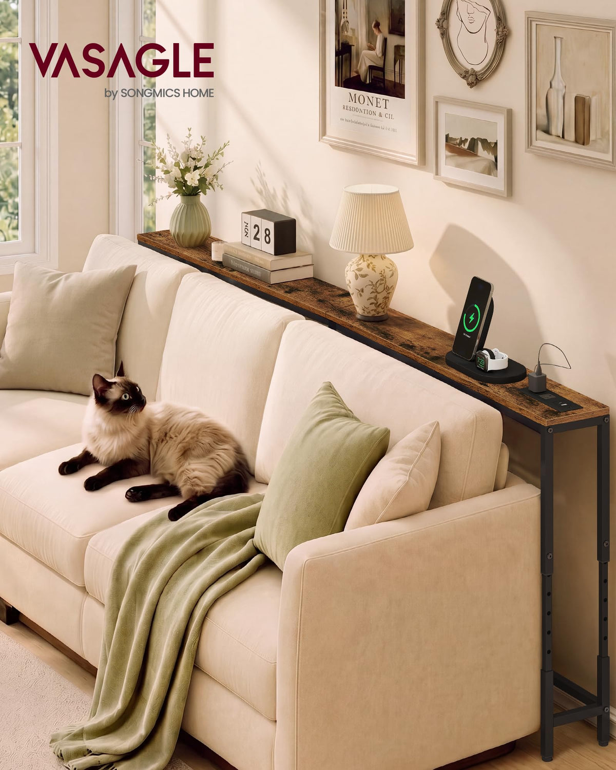 Height Adjustable Console Table, 78.7 Inch, Narrow with Power Strip