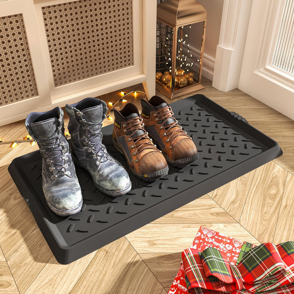 Rubber Boot Tray with Raised Lip, 16 x 27.5 Inch Waterproof Entryway Shoe Mat
