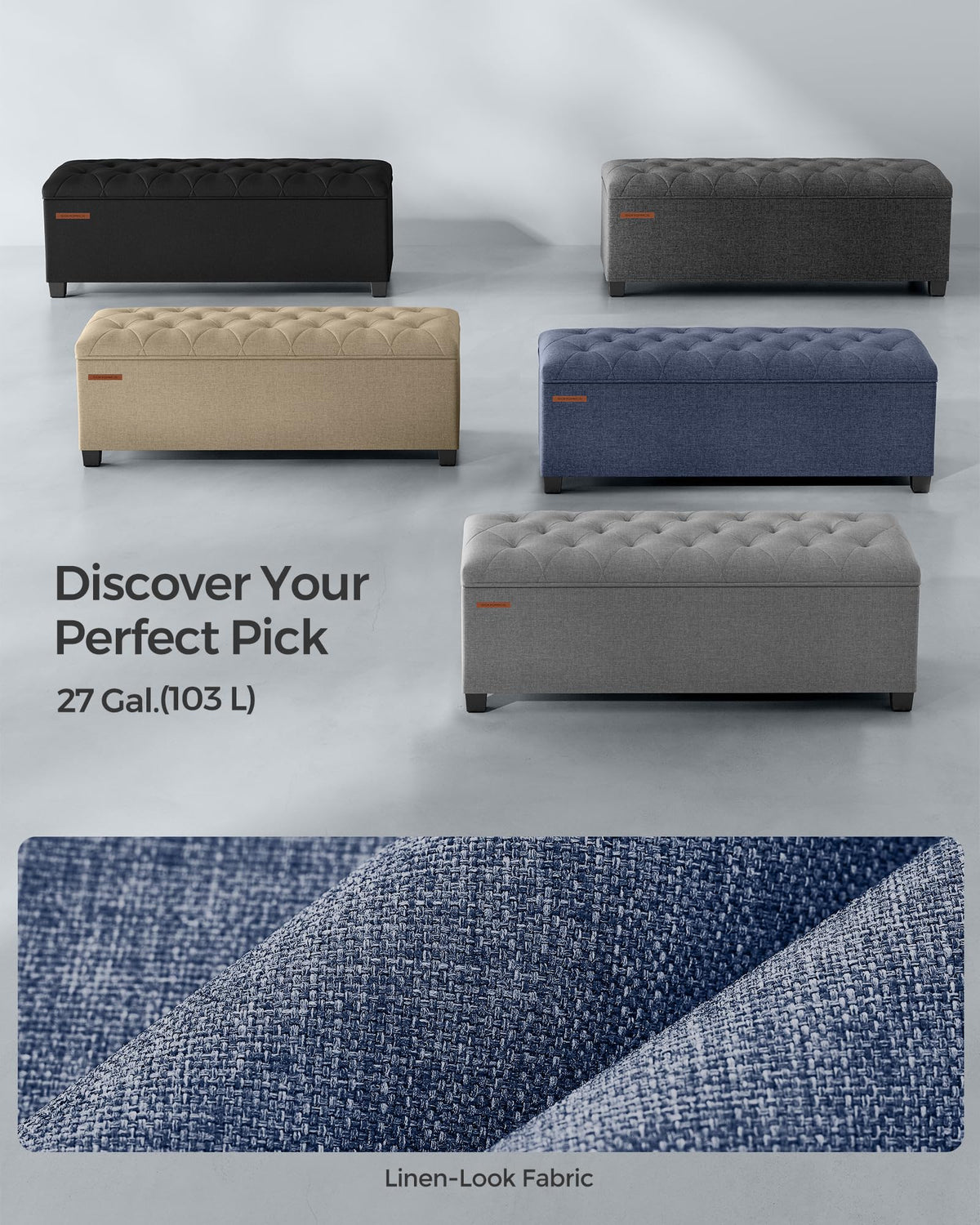 Light Denim Blue Storage Ottoman, 43.3 Inch, Tufted with Legs