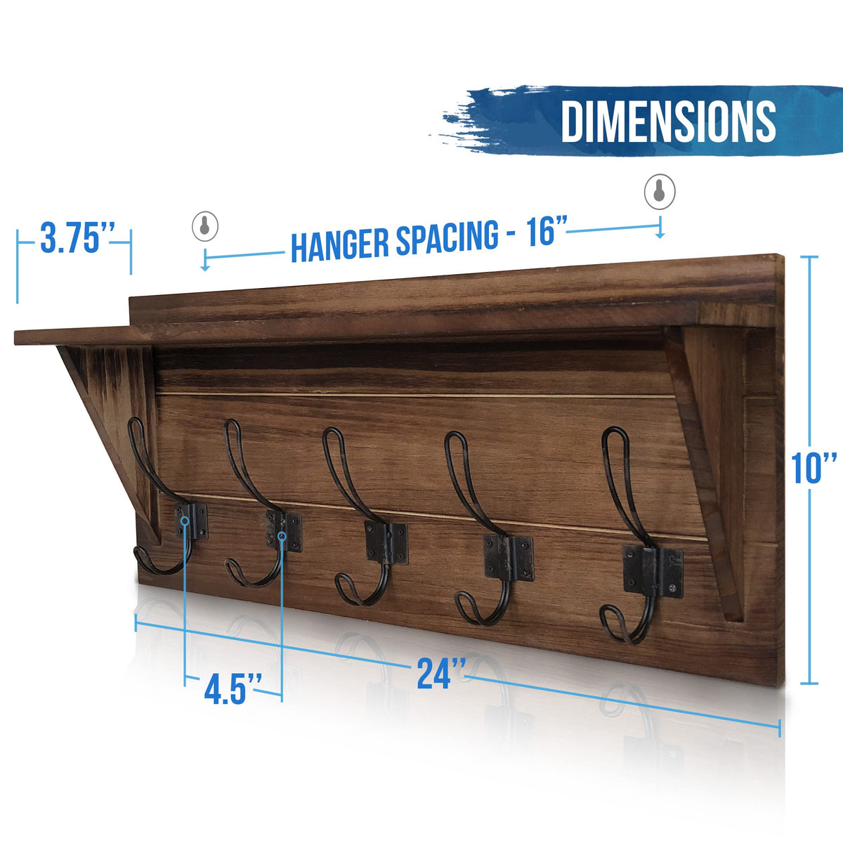 Rustic Brown Pine Wall Coat Rack with Shelf, 5 Hooks, 24 Inch