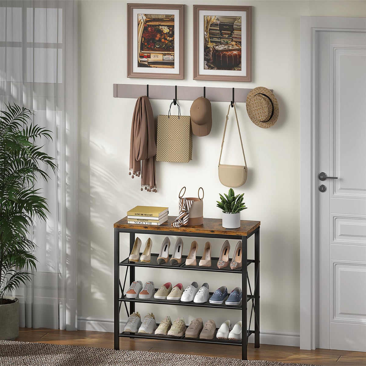 4 Tier Shoe Shelf with Rustic Brown Wood Top, Metal Frame