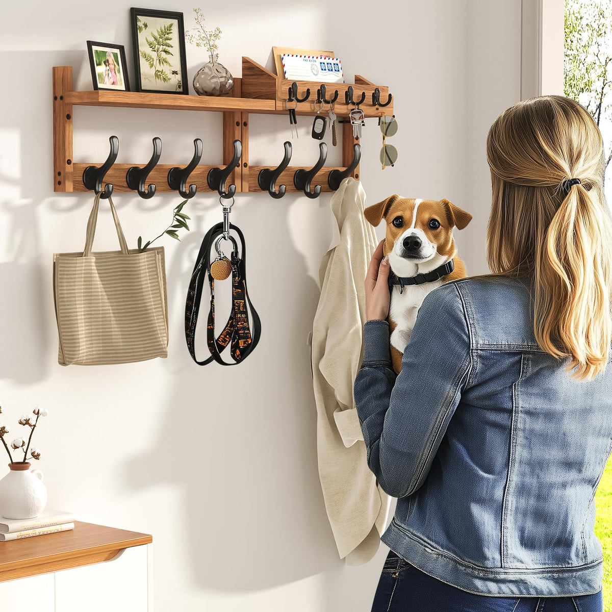 29 Inch Wall Mounted Coat Rack with Shelf and 11 Hooks for Entryway, Brown