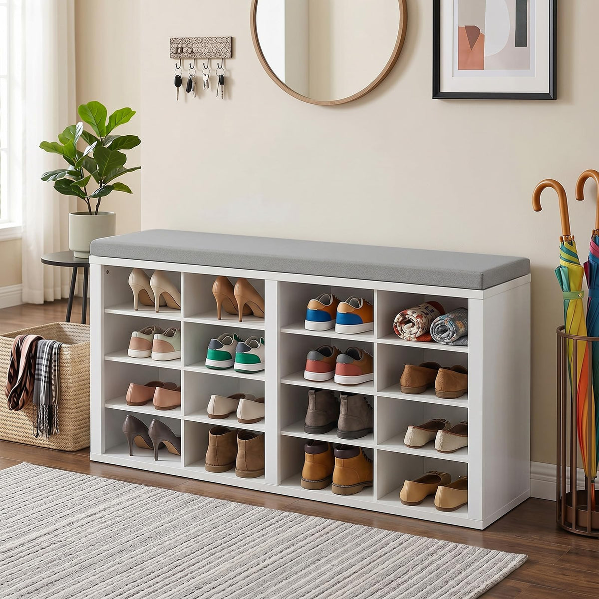 Shoe Storage Bench with 16 Cubbies and Cushion, White and Gray
