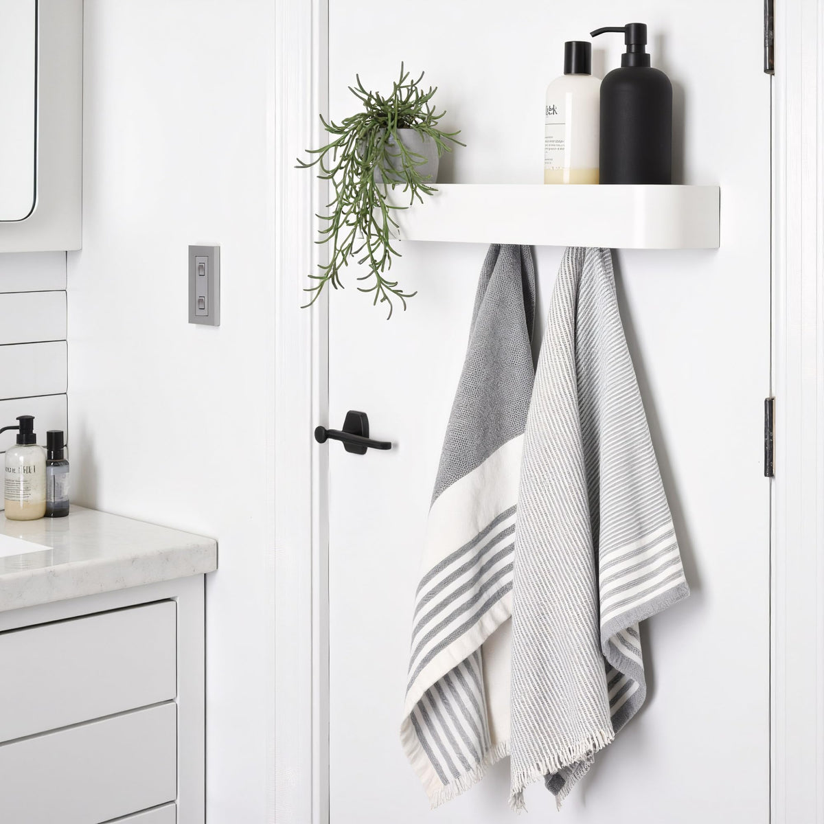 Modern White Steel Coat Rack with Shelf, 5 Hooks Wall Mount