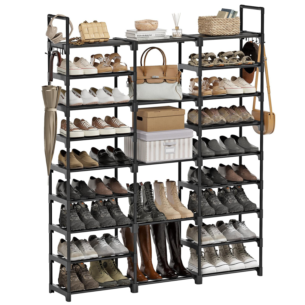 9-Tier 3-Column Shoe Rack for 50-55 Pairs, Large Stackable Shoe Organizer, Black