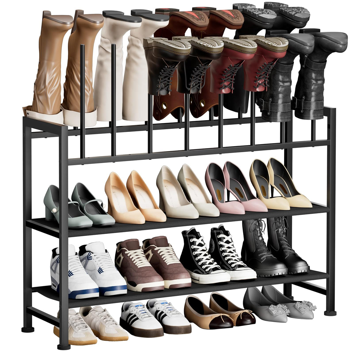 4 Tier Black Metal Boot Rack for Tall Boots, Holds 8 Pairs