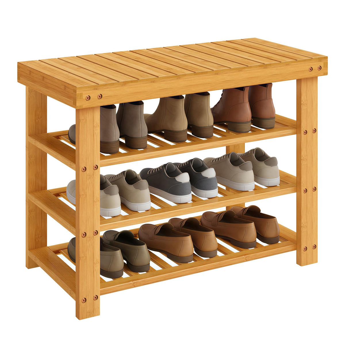 Bamboo Shoe Rack Bench, 4 Tier, Holds 9 Pairs, 27.6 Inch Wide