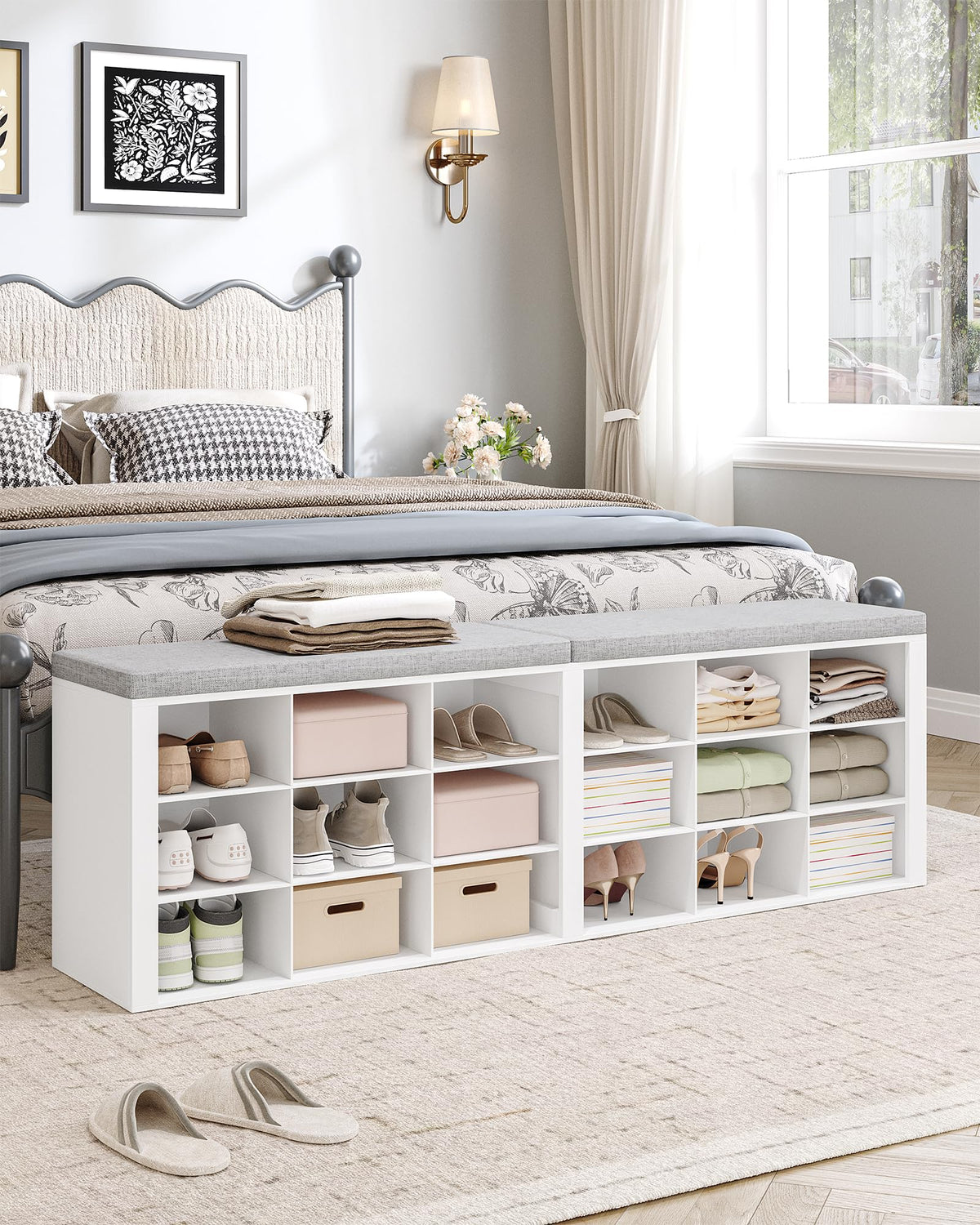 White Shoe Storage Bench with Cushion, 18 Cubbies, 59 Inch