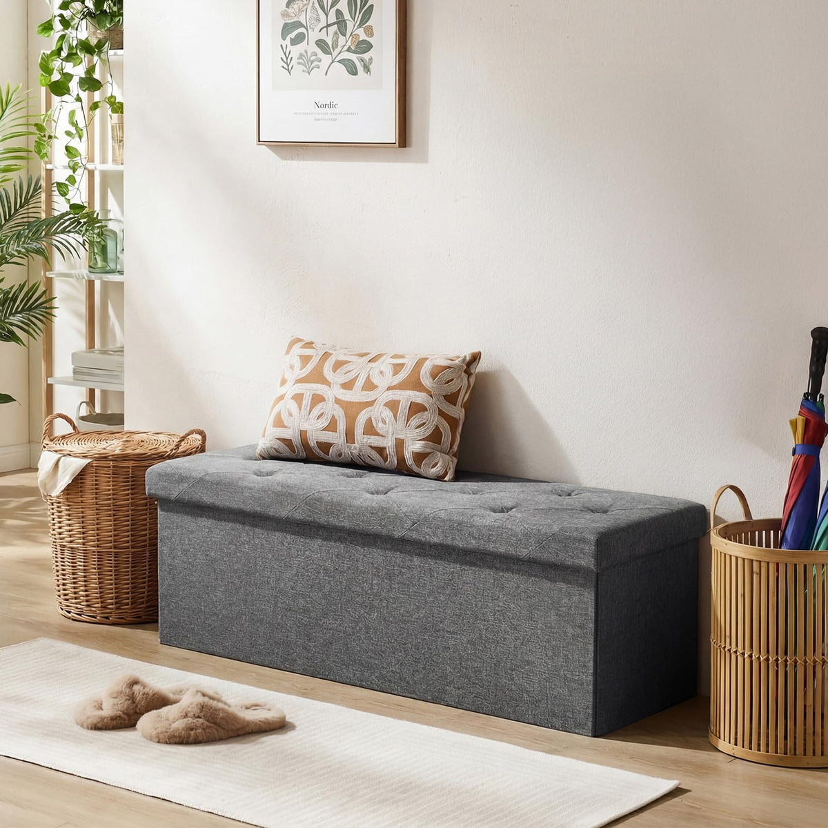 Foldable Storage Ottoman Bench, 43 Inch, 35 Gallon, Charcoal Gray Linen