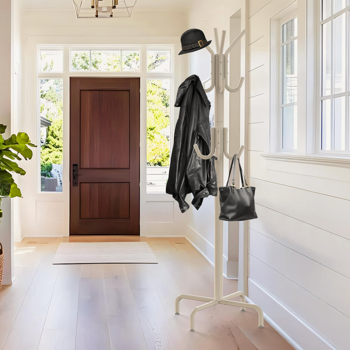 Freestanding Coat and Hat Stand, 12 Hooks, White Metal, 72 Inch