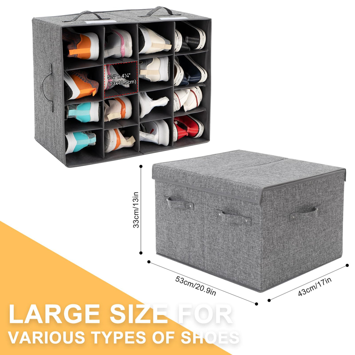 Fabric Shoe Storage Box with Lid, Holds 16 Pairs, Grey