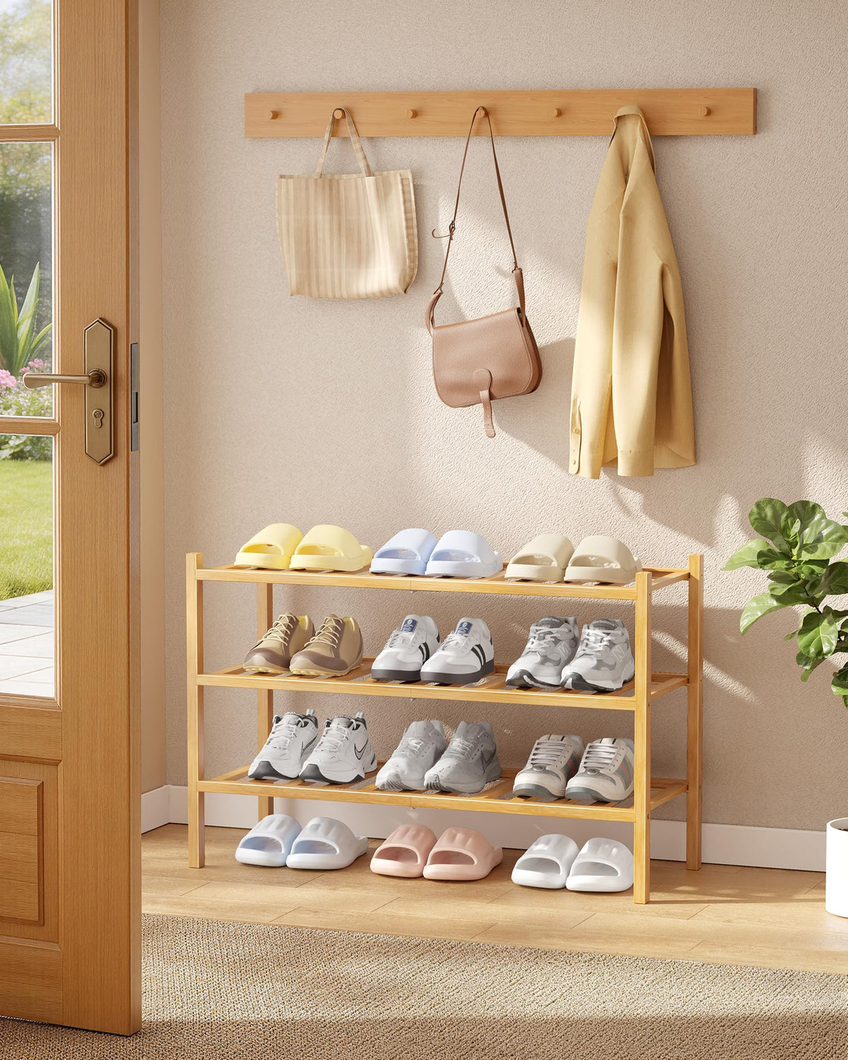 3-Tier Bamboo Shoe Rack, 26.8 Inch Wide Wooden Shoe Shelf for Closet & Entryway