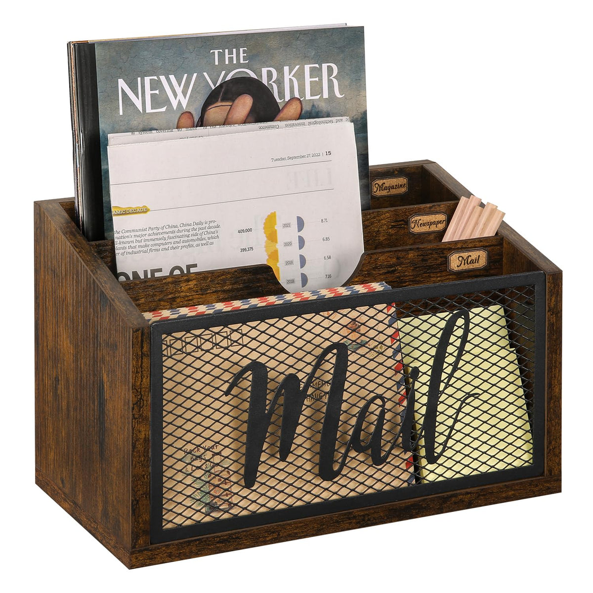 3 Slot Desktop Mail Organizer, Rustic Brown Wood and Iron Mesh