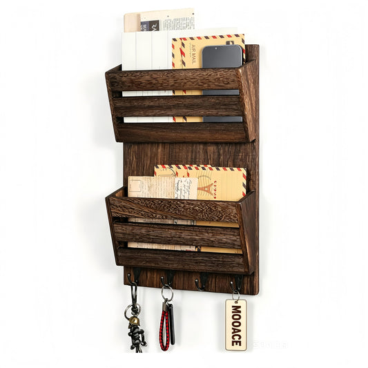 Wall Mount Mail Organizer with Key Hooks, Wooden Mail and Key Holder for Entry