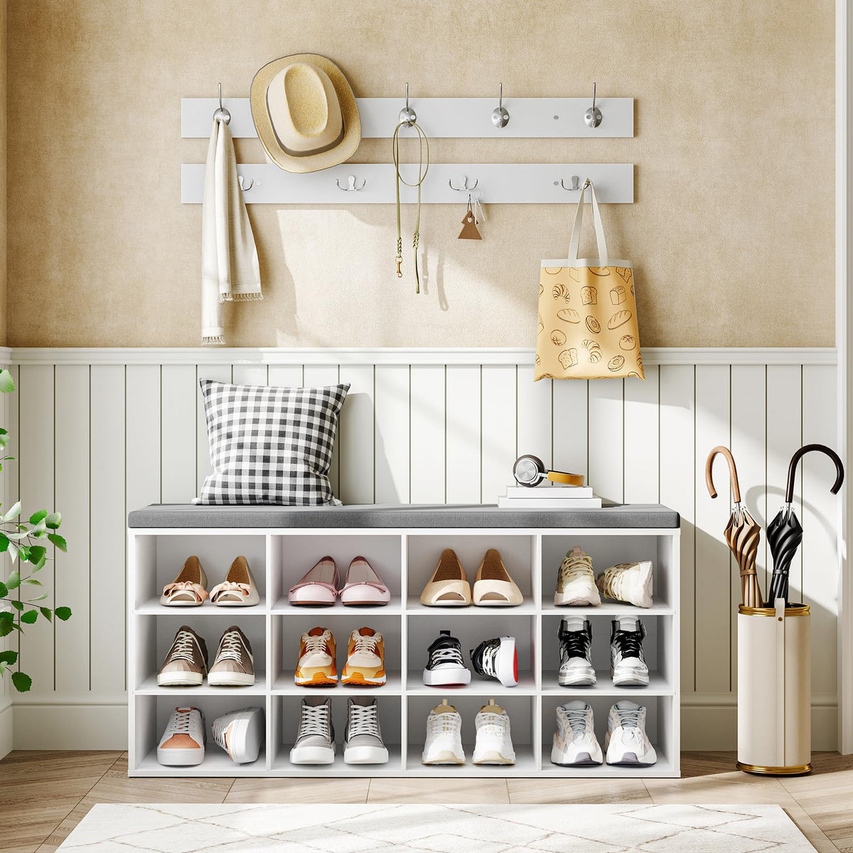 12 Cubby Shoe Bench with Padded Seat and Hooks, White and Gray