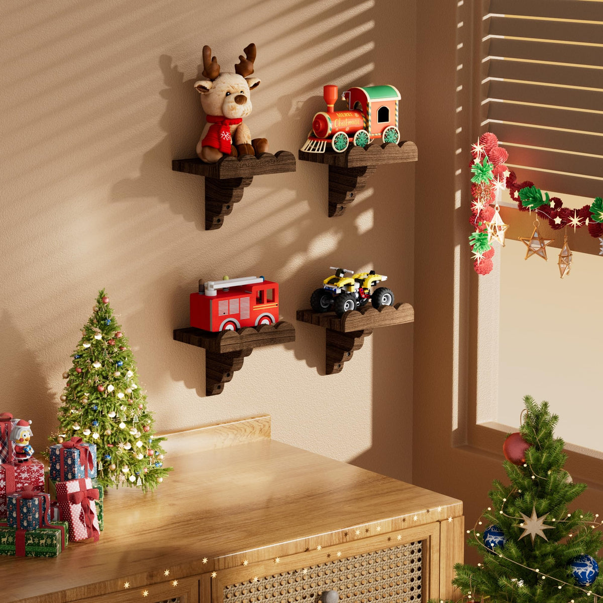 Scalloped Wood Floating Shelves, 4 Pack, 6.6 Inch Small Wall Shelves